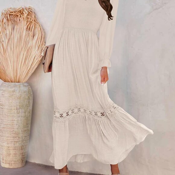 Elegant Women’s Long Sleeve Flowy A-Line Lace Trim Maxi Dress - Small Size - Picture 3 of 8